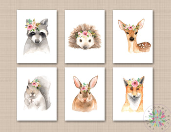 Woodland Girl Nursery Wall Art Pink Coral Floral Animals Flowers Watercolor Fox Raccoon Bunny Deer Squirrel UNFRAMED C718-Sweet Blooms Decor