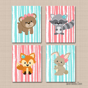 Woodland Girl Nursery Wall Art Teal Coral Floral Woodland Animals BAby Girl BEdroom DEcor Bear Fox Bunny Raccoon C459-Sweet Blooms Decor