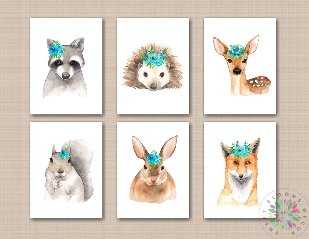 Woodland Girl Nursery Wall Art Watercolor Animals Floral Flowers Baby Bedroom Fox Raccoon Bunny Deer Squirrel Prints C628