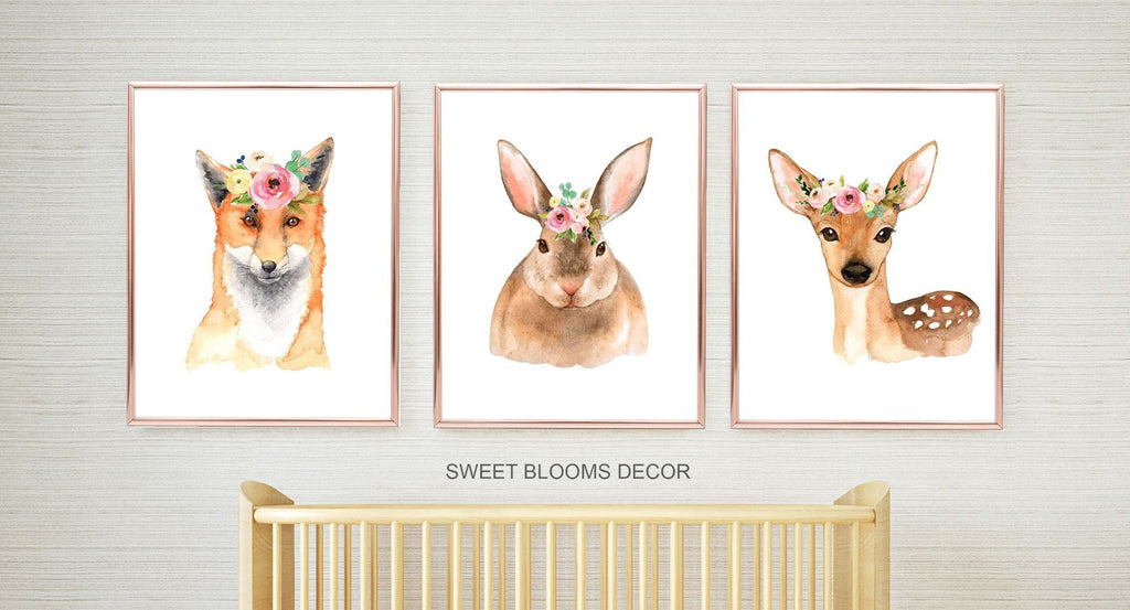 Woodland Girl Nursery Wall Art Watercolor Pink Coral Blush Flowers Modern Boho Flowers Baby Shower Gift Baby Room Decor 718-Sweet Blooms Decor