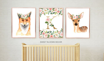 Woodland Girl Nursery Wall Art Watercolor Pink Coral Blush Flowers Modern Boho Flowers Baby Shower Gift Baby Room Decor 811-Sweet Blooms Decor