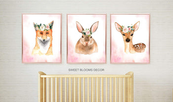 Woodland Girl Nursery Wall Art Watercolor Pink Coral Blush Flowers Modern Boho Flowers BAby Shower Gift Baby Room Decor 816-Sweet Blooms Decor