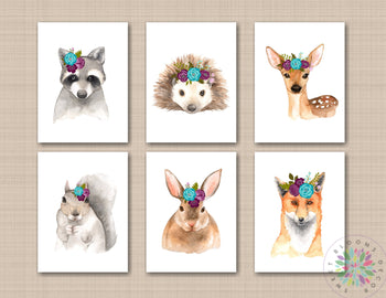Woodland Girl Nursery Wall Art Watercolor Purple Teal Purple Flowers Floral Decor Fox Raccoon Bunny Rabbit Deer C711-Sweet Blooms Decor
