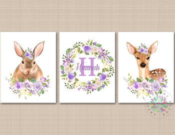 Woodland Girl Nursery Wall Art Woodland Floral Purple Lavender Watercolor Flowers Name Monogram Bunny Rabbit Deer C760-Sweet Blooms Decor