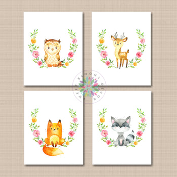 Woodland Girl Nursery Wall Art Woodland Nursery Decor Floral Woodland Deer Fox Owl Raccoon Watercolor Prints C704-Sweet Blooms Decor