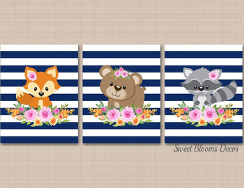 Woodland Girl Nursery Wall Art Woodland Nursery Decor Navy Blue Pink Stripes Flowers Floral Fox Raccoon Baby UNFRAMED C473-Sweet Blooms Decor