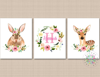 Woodland Girl Nursery Wall Art Woodland Pink Floral Watercolor Name Monogram Decor Modern Bunny Rabbit Deer Baby C717-Sweet Blooms Decor