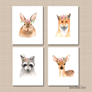 Woodland Girl Nursery Wall Art Woodland Wall Decor Boho Coral Blush Pink Floral Decor Bunny Deer Fox Raccoon Modern Baby Shower C547-Sweet Blooms Decor