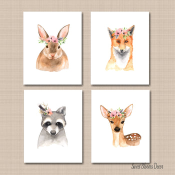 Woodland Girl Nursery Wall Art Woodland Wall Decor Boho Coral Blush Pink Floral Decor Bunny Deer Fox Raccoon Modern Baby Shower C547-Sweet Blooms Decor