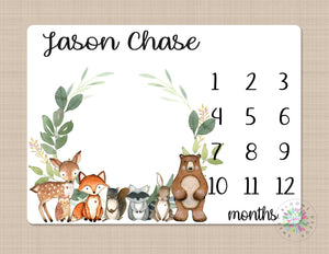 Woodland Milestone Blanket Baby Boy Girl Milestone Blanket Monthly Growth Tracker Woodland Animals Newborn Photo Prop Baby Shower Gift Leaf