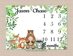 Woodland Milestone Blanket Baby Boy Girl Monthly Growth Tracker Personalized Forest Leaves Animals Newborn Photo Prop Baby Shower Gift  820