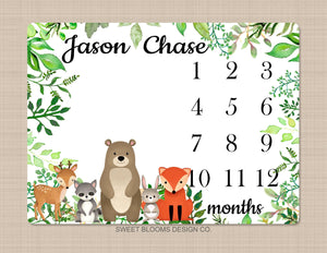 Woodland Milestone Blanket Baby Boy Girl Monthly Growth Tracker Personalized Forest Leaves Animals Newborn Photo Prop Baby Shower Gift  821