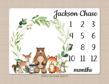 Woodland Milestone Blanket Baby Boy Girl Monthly Photo Blanket Birth Annoucement Stats Woodland Animals Newborn Photo Prop Baby Shower Gift