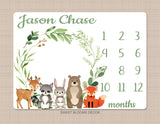 Woodland Milestone Blanket Baby Boy Monthly Growth Tracker Personalized Woodland Animals Blanket Newborn Photo Prop Baby Shower Gift  863