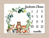 Woodland Milestone Blanket Baby Boy Monthly Growth Tracker Personalized Woodland Animals Blanket Newborn Photo Prop Baby Shower Gift  866