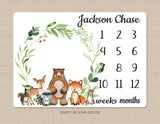 Woodland Milestone Blanket Baby Boy Monthly Growth Tracker Personalized Woodland Animals Blanket Newborn Photo Prop Baby Shower Gift  867