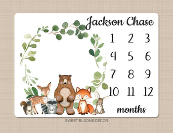 Woodland Milestone Blanket Baby Boy Monthly Growth Tracker Personalized Woodland Animals Blanket Newborn Photo Prop Baby Shower Gift  868