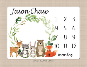 Woodland Milestone Blanket Baby Boy Monthly Growth Tracker Watercolor Personalized Wreath Animals Leaves Nursery Decor Baby Shower Gift B831