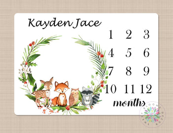 Woodland Milestone Blanket Chrsitmas Animals Monthly Blanket Growth Tracker  Blanket Newborn Nursery Bedding Baby Boy Shower Gift B478