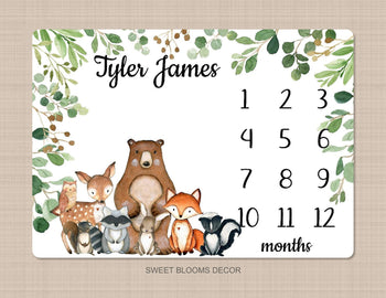 Woodland  Milestone Blanket Eucalyptus Greenery Leaves Personalized Monthly Growth Tracker Woodland Animals Newborn Baby Shower Gift  B1162