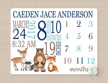 Woodland Milestone Blanket Monthly Growth Tracker Animals Personalized Baby Boy Blanket Gift Name Monogram Nursery Bedding Fox Bear  B270