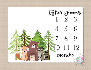 Woodland Milestone Blanket Monthly Growth Tracker Baby Blanket Forest Trees Fox Bear Raccoon Blanket Baby Bedding Shower Gift Monogram B254