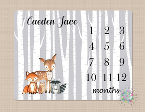 Woodland Milestone Blanket Monthly Growth Tracker Gray Birch Tree Fox Deer Owl Blanket Bedding Woodland Baby Shower Gift B232