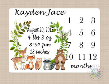 Woodland Milestone Blanket Monthly Growth Tracker Woodland Newborn Baby Boy Shower Gift Birth Announcement Leaves Fleece Bedding B431-Sweet Blooms Decor