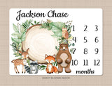 Woodland Milestone Blanket Personalized Rustic Forest Animals Greenery Log Bear Fox Deer Raccoon Newborn Photo Prop Baby Shower Gift B1092