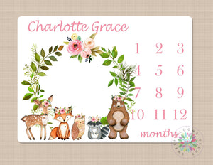 Woodland Milestone Blanket Pink Floral Girl Woodland Monthly Growth Tracker Newborn Baby Girl Name Wreath Flowers Baby Shower Gift  B529