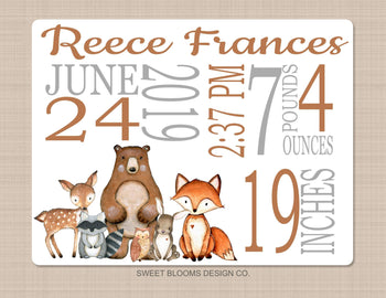 Woodland Name Blanket Personalized Birth Announcenent Boy Girl Birth Stats Baby Shower Gift Nursery Bedding Decor Gray Tan B790-Sweet Blooms Decor