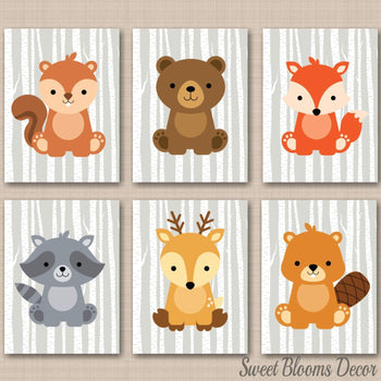 Woodland Nursery Art Woodland Wall Decor Forest Animals Wall Art Woodland Neutral Baby Boy Room Fox Bear Owl Raccoon C199-Sweet Blooms Decor