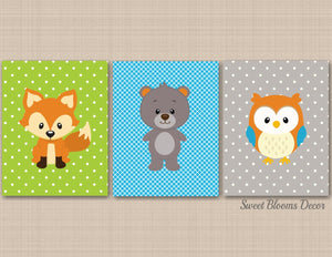 Woodland Nursery Decor Green Blue Gray Woodland Wall Art Sumersault Woodland Friends Fox Bear Owl Polkadots C319-Sweet Blooms Decor