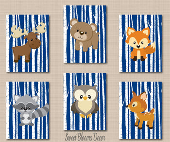Woodland Nursery Decor Navy Blue Birch Trees Blue Bear Raccoon Fox Deer Owl Moose Porcupine Shower Baby Gift Modern C491-Sweet Blooms Decor