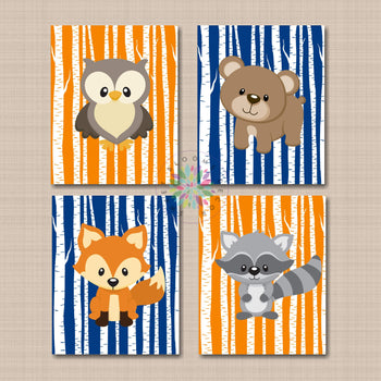 Woodland Nursery Wall Art Baby Boy Room Decor Orange Navy Blue Birch Trees Forest Animals Wall Art Bear Fox Owl Raccoon C757-Sweet Blooms Decor