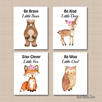 Woodland Nursery Wall Art Decor Girl Wall Decor Stay Cleaver Fox Be Wise Strong Owl Kind Deer Be Brave Bear Decor C575-Sweet Blooms Decor