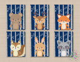 Woodland Nursery Wall Art Decor Navy Blue Gray Birch Trees Leaves Woodland Boy Baby Woodland Fox Bear Deer Moose Raccoon Bunny Rabbit-C62-Sweet Blooms Decor