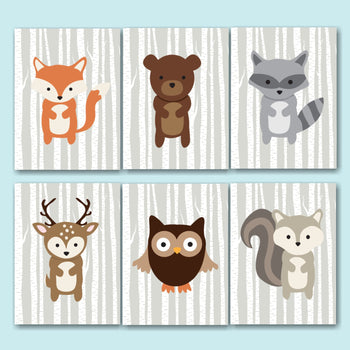 Woodland Nursery Wall Art Forest Animals Fox Bear Deer Raccoon Owl Squirel Gray Birch Trees BAby Shower Gift Nuetral Decor-Sweet Blooms Decor