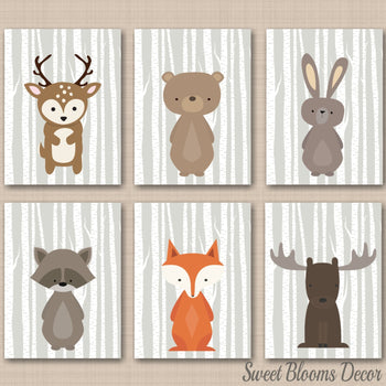 Woodland Nursery Wall Art Forest Animals Gray Birch Trees Fox Bear Deer Moose Raccoon Bunny Rabbit Baby Boy Bedroom C224-Sweet Blooms Decor