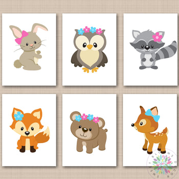 Woodland Nursery Wall Art Girl Boy Twins Animals Nursery Decor Pink Blue Neutral Baby Shower Fox Bear Owl Raccoon Bunny Deer C708-Sweet Blooms Decor