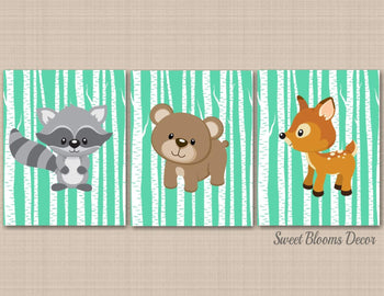 Woodland Nursery Wall Art Mint Green Gray Birch Trees Raccoon Bear Fox Baby Boy Bedroom Decor Baby Shower Gift C328-Sweet Blooms Decor