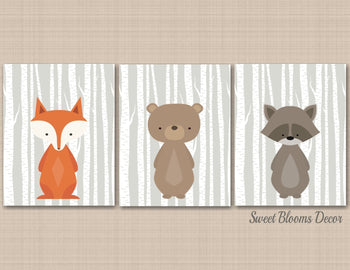Woodland Nursery Wall Art Modern Woodland Baby Boy Bedroom Decor Bear Fox Raccoon Birch Trees Gray Neutral UNFRAMED C224-Sweet Blooms Decor