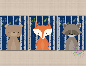 Woodland Nursery Wall Art Navy Blue Gray Birch Trees Modern Simple Bear Fox Raccoon Baby Boy Bedroom Decor Woodland C624-Sweet Blooms Decor