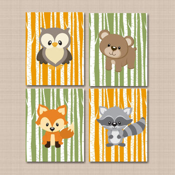 Woodland Nursery Wall Art Nursery Decor Birch trees Orange Green Decor Forest Animals Wall Art Bear Fox Owl wall Art C330-Sweet Blooms Decor