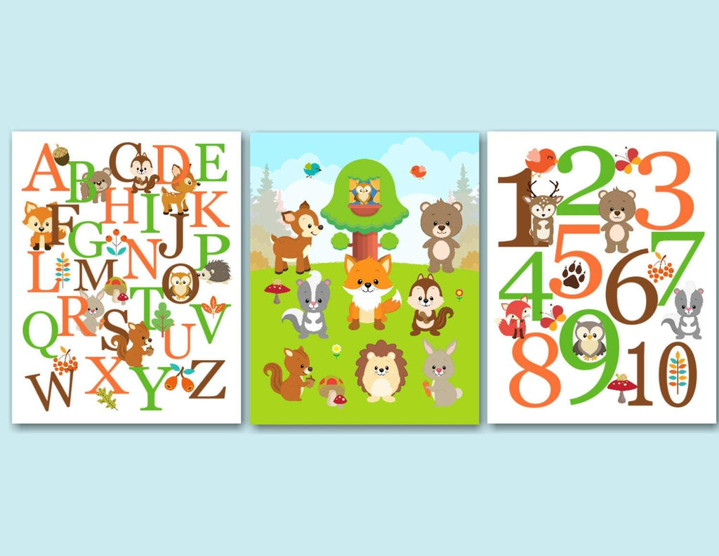 Woodland Nursery Wall Art Woodland Alphabet Numbers Wall Art Forest Animals Woodland Playroom Fox Owl Deer Bird Bear Art C317