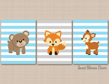 Woodland Nursery Wall Art Woodland Animals Bear Fox Deer Gray Blue Stripes Baby Boy Bedroom Decor Modern Simple C225-Sweet Blooms Decor