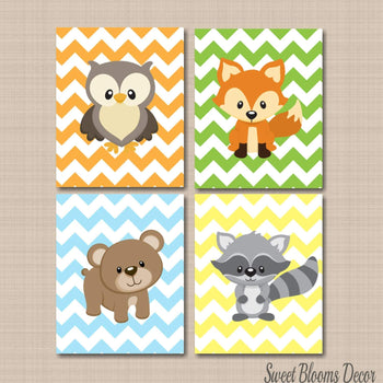 Woodland Nursery Wall Art Woodland Chevron Orange Green Decor Baby Room Forest Animals Bear Owl Fox Raccoon Deer Bunny C322-Sweet Blooms Decor