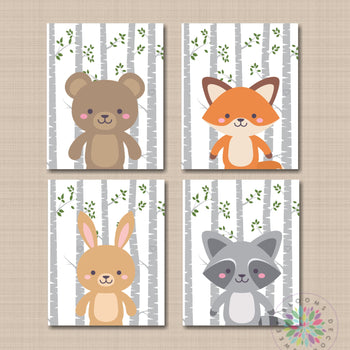 Woodland Nursery Wall Art Woodland Nursery Decor Baby Animals Gray Birch Trees Leaves Bear Raccoon Fox Rabbit C626-Sweet Blooms Decor