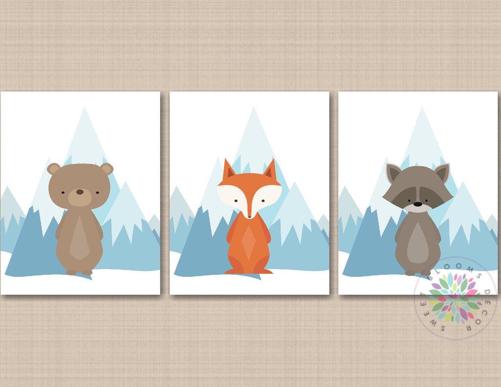 Woodland Nursery Wall Art Woodland Nursery Decor Bear Fox Raccoon Blue Gray Mountains Modern Baby Boy Shower Gift C778