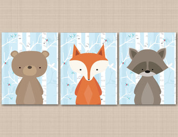 Woodland Nursery Wall Art Woodland Nursery Decor Bear Fox Raccoon Wall Art Forest Animals Blue Gray Birch Trees Modern C441-Sweet Blooms Decor